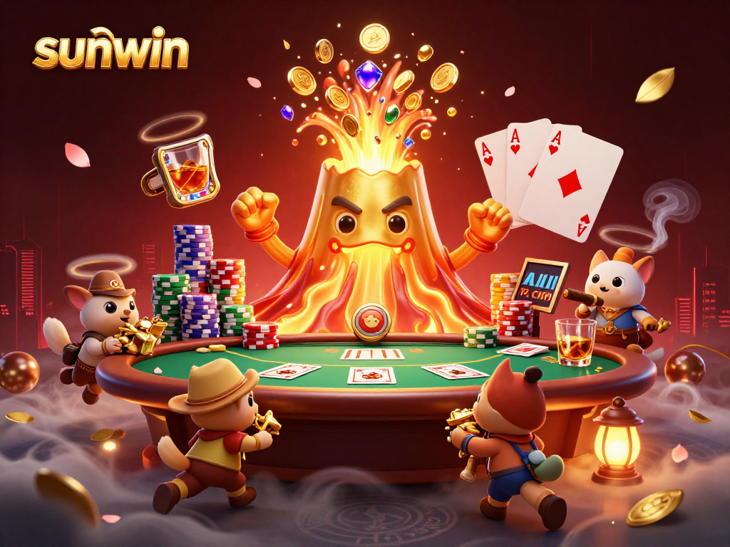 Engage with the lively 'sunwin' casino scene featuring a joyful volcano and treasure-hunting animals.