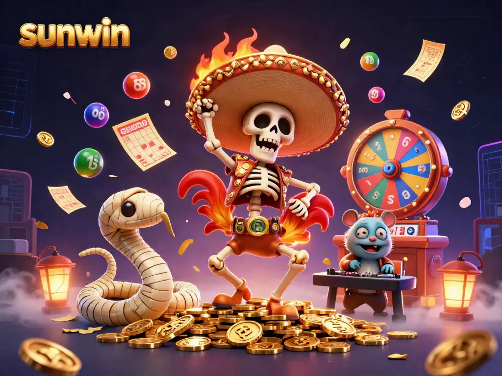 Engage with thrilling winnings on Sunwin's vibrant gaming scene, featuring lively casino characters.
