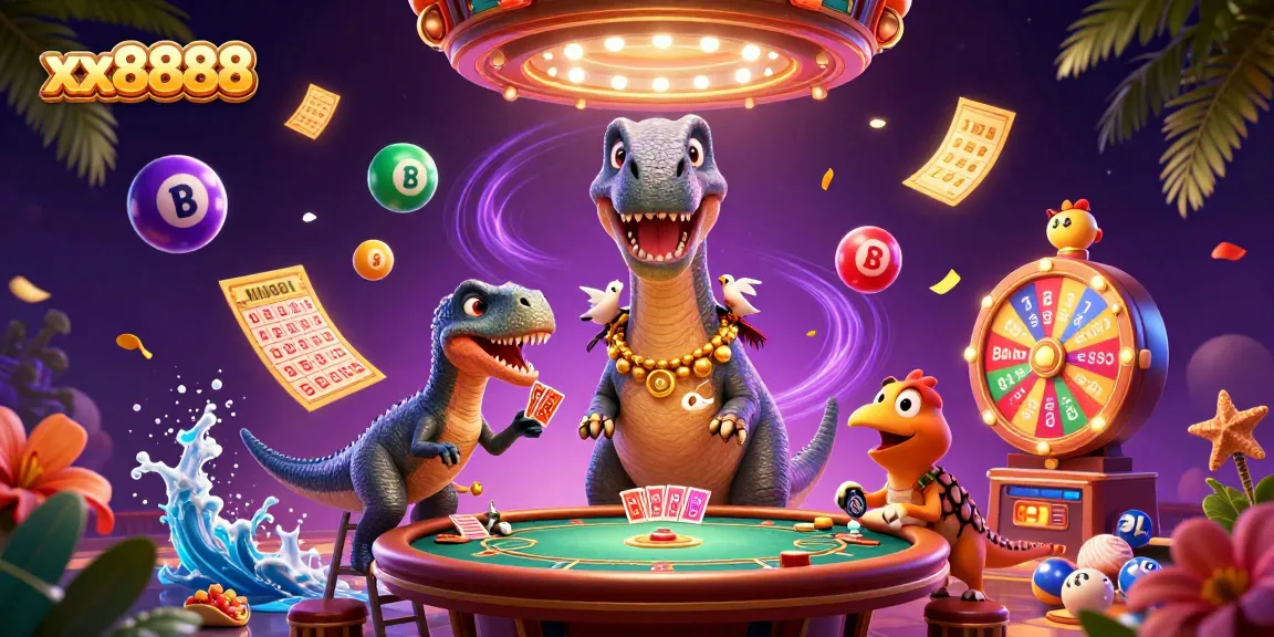 Experience the excitement of xx8888 with colorful lottery balls, a brontosaurus, and vibrant casino elements!