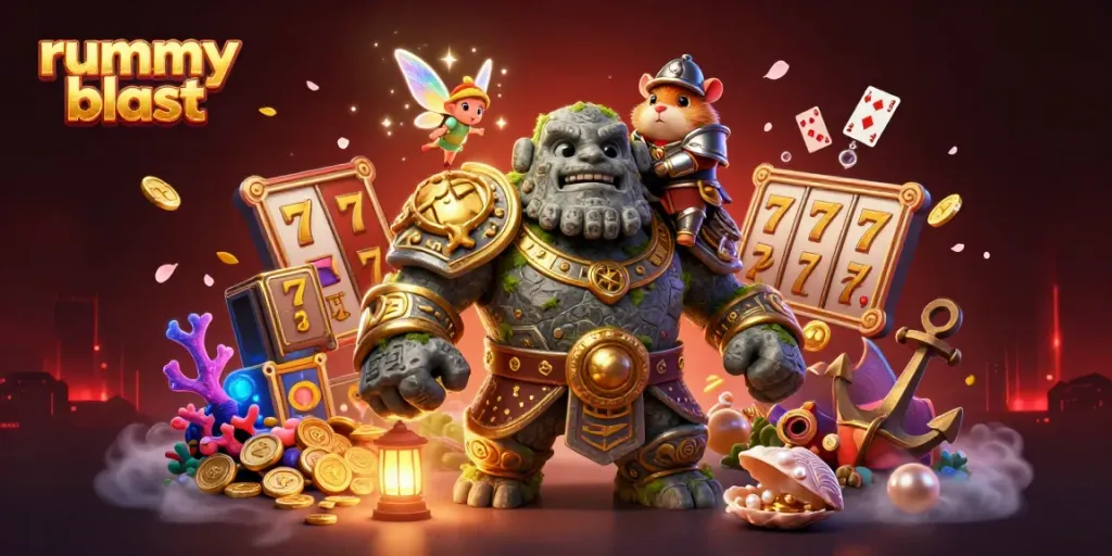 Experience rummy blast with exciting slot reels and golden coins in a magical illustration.