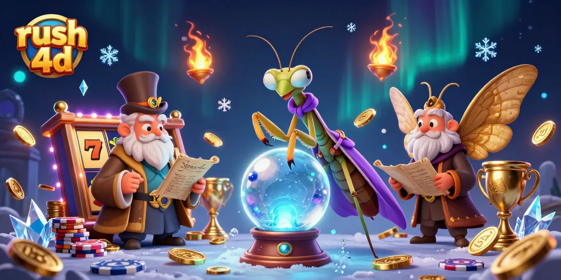 Bermain rush 4d dengan simbol slot berkilau dan koin emas, ilustrasi kasino unik.