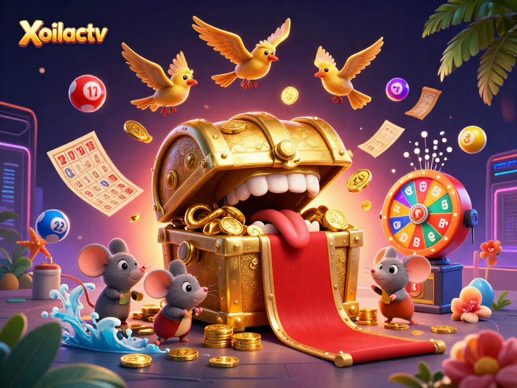 Xoilactv lottery illustration featuring a golden treasure chest and vibrant game elements.