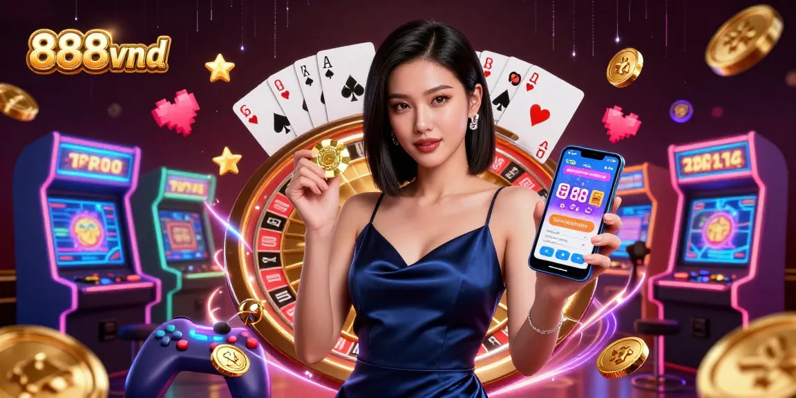 Experience the excitement of 888vnd casino with a stunning illustration showcasing gaming action and elegance.