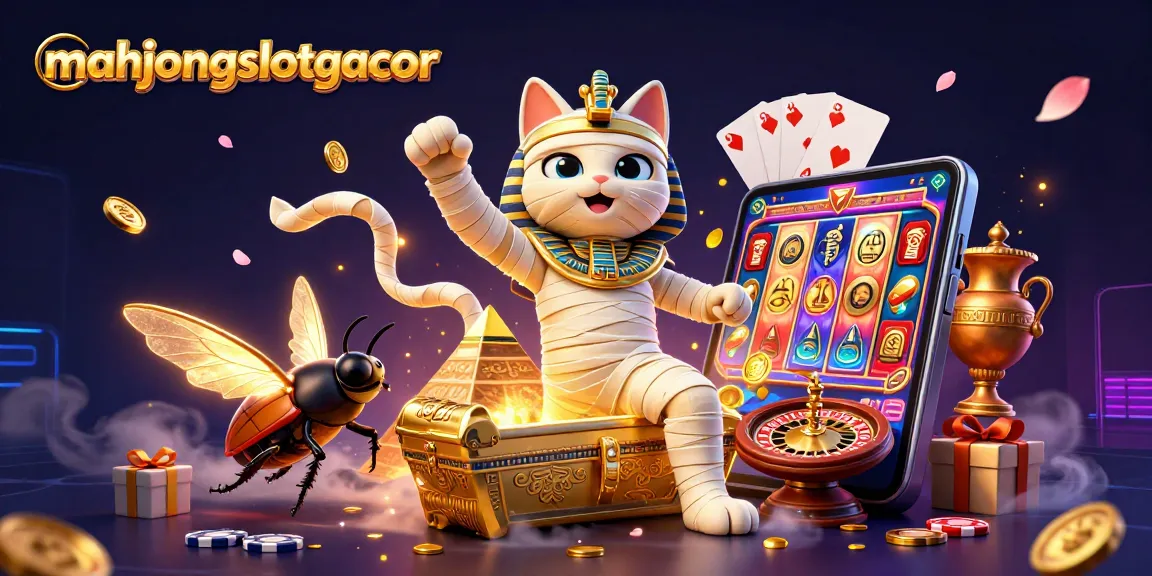 Play slots with mahjongslotgacor featuring a mummy cat and glowing scarab in a vibrant casino.