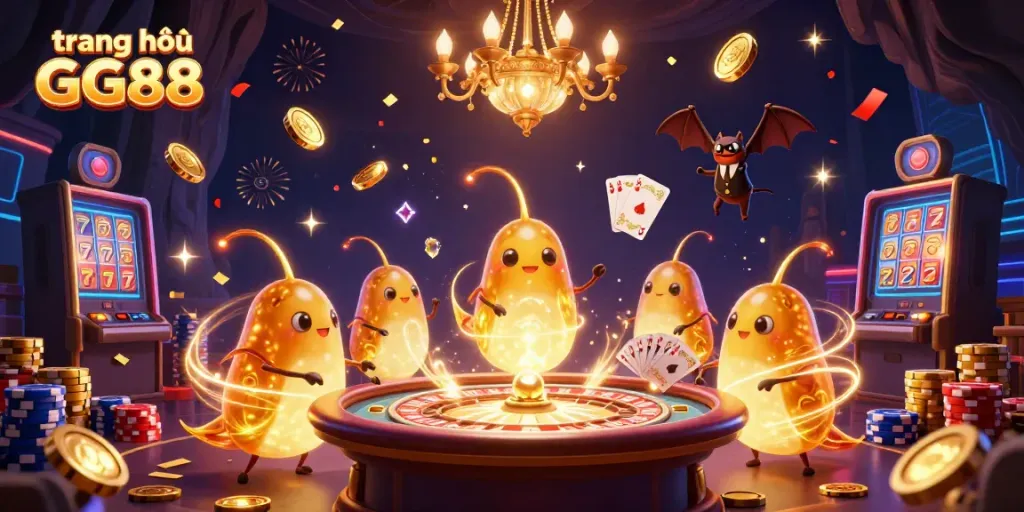 Experience the excitement at trang chủ GG88, featuring a vibrant cave casino scene with glowworms and a bat dealer.