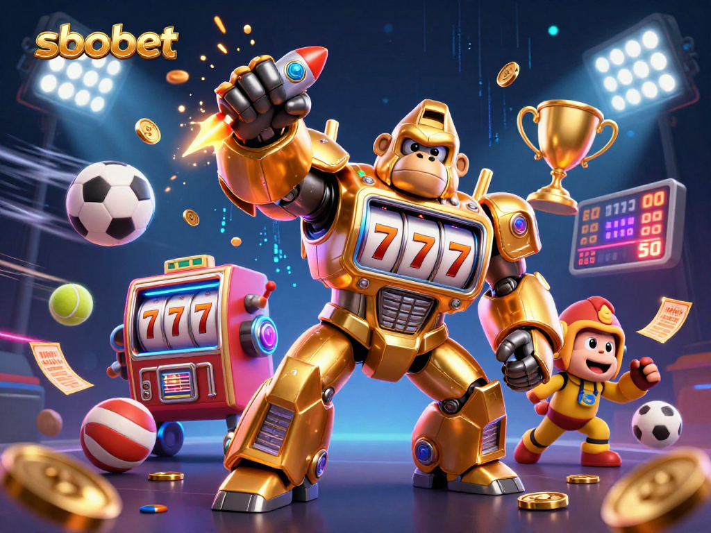 SboBet sports betting action featuring a dynamic 3D gorilla mech with exciting sports elements.