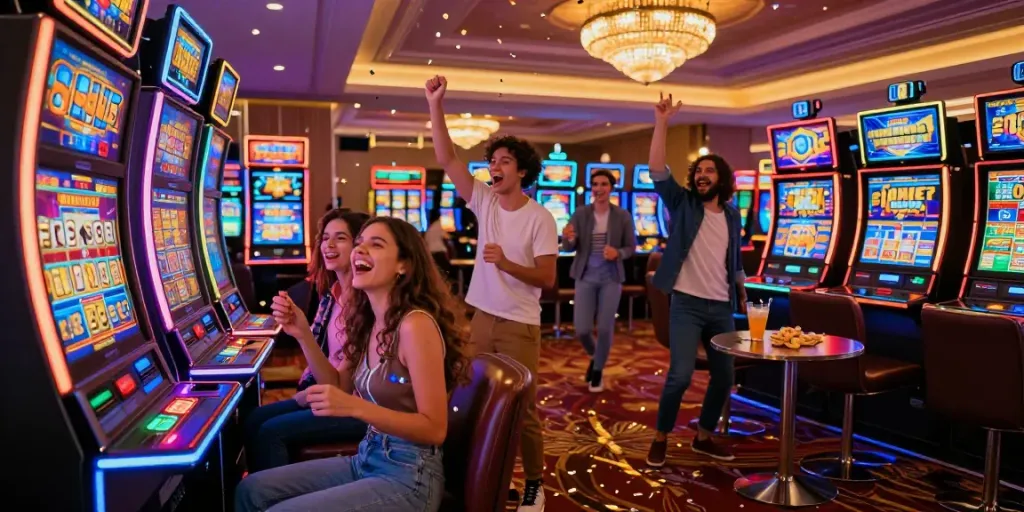 Friends celebrating a big win at a slot jackpot machine in a vibrant casino.