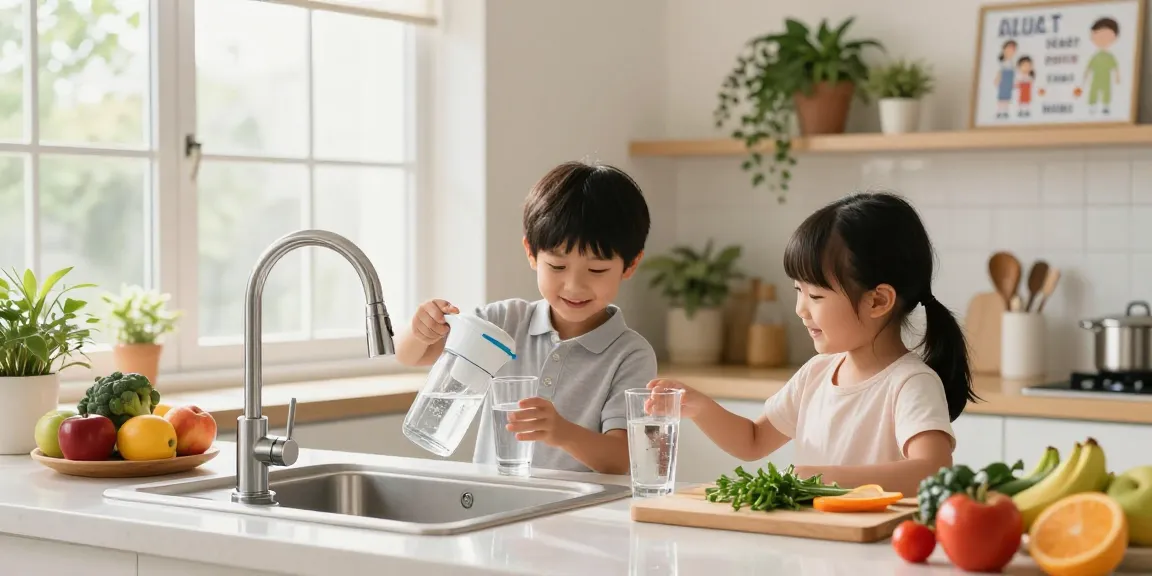 AQUA CREST Alkaline Faucet Water Filter in a busy kitchen, showcasing a family enjoying filtered water, emphasizing health and hydration.