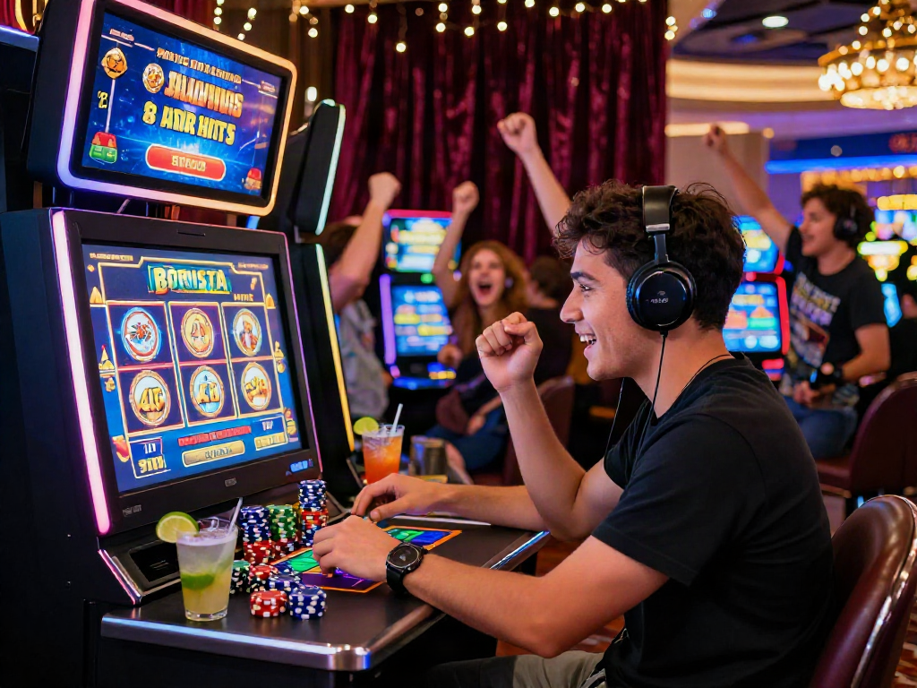 Player excitedly wins on slot gacor 4d in vibrant casino atmosphere, chips and bonuses around.