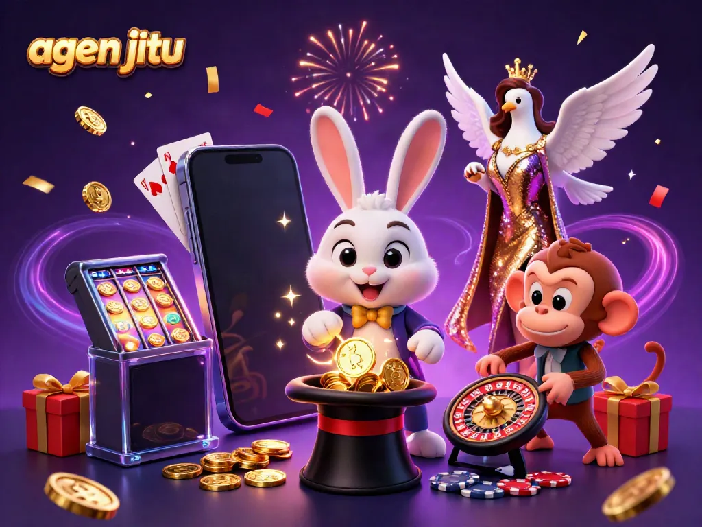 Gambarkan agen jitu dengan karakter kelinci penyihir menarik koin emas dan kepingan poker