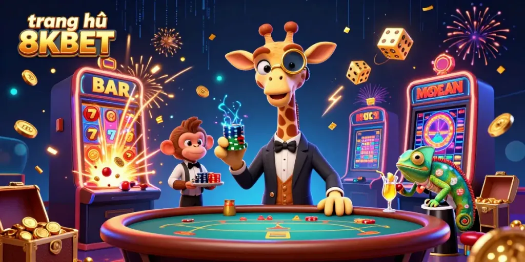Experience the excitement of gambling with the vibrant scene showcasing the trang chủ 8KBET theme featuring characters and casino elements.