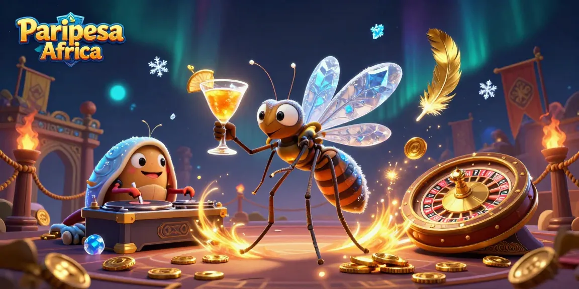 Plongez dans l'univers de Paripesa Africa avec cette illustration dynamique présentant un moustique et un trilobite DJ au casino.