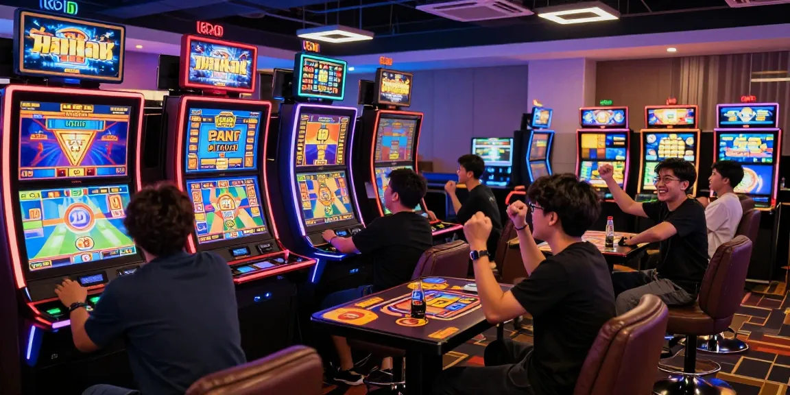Ilustrasi slot gacor dengan pemain merayakan kemenangan di kasino online yang cerah.