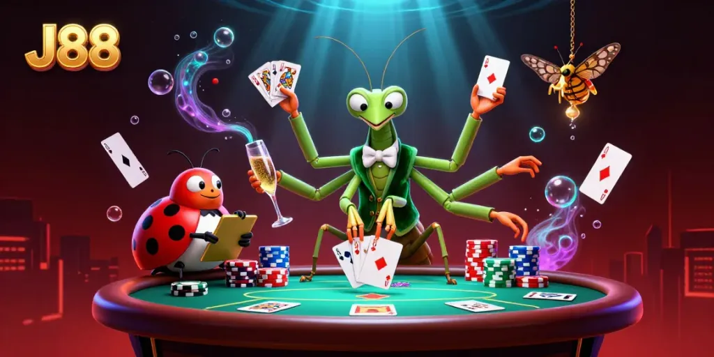 J88 showcases a vibrant casino scene with a giant praying mantis dealer, cards, and chips in action.
