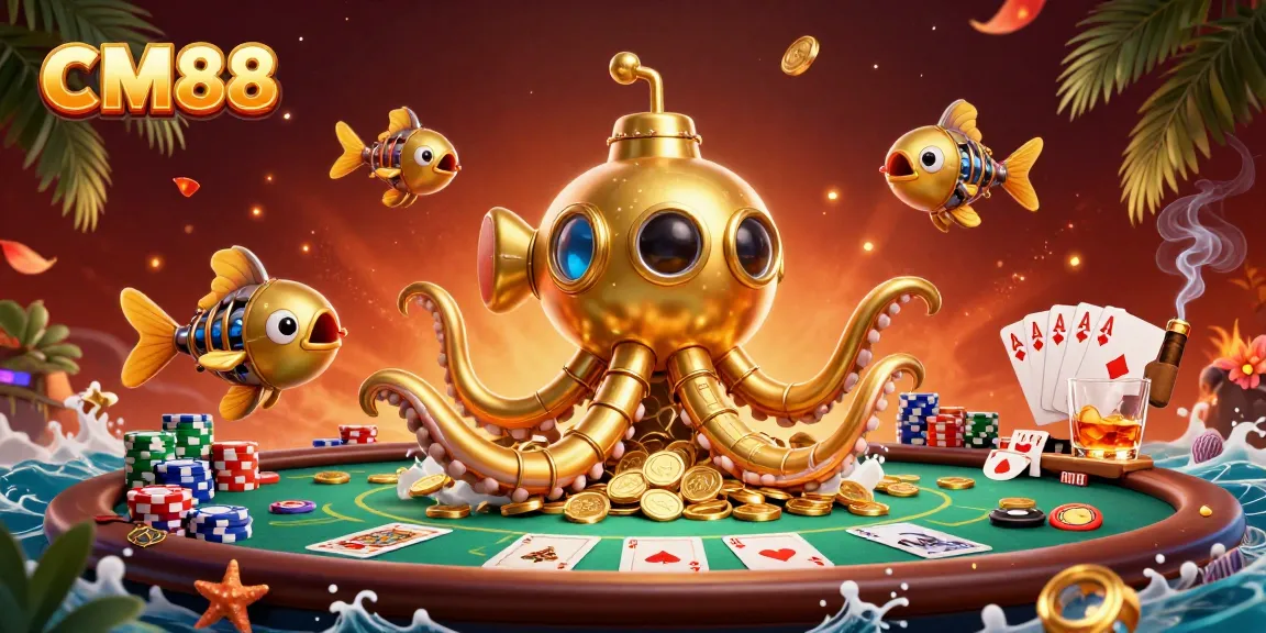 Experience exciting casino thrills with CM88 through a vibrant underwater scene featuring a golden kraken and poker elements.
