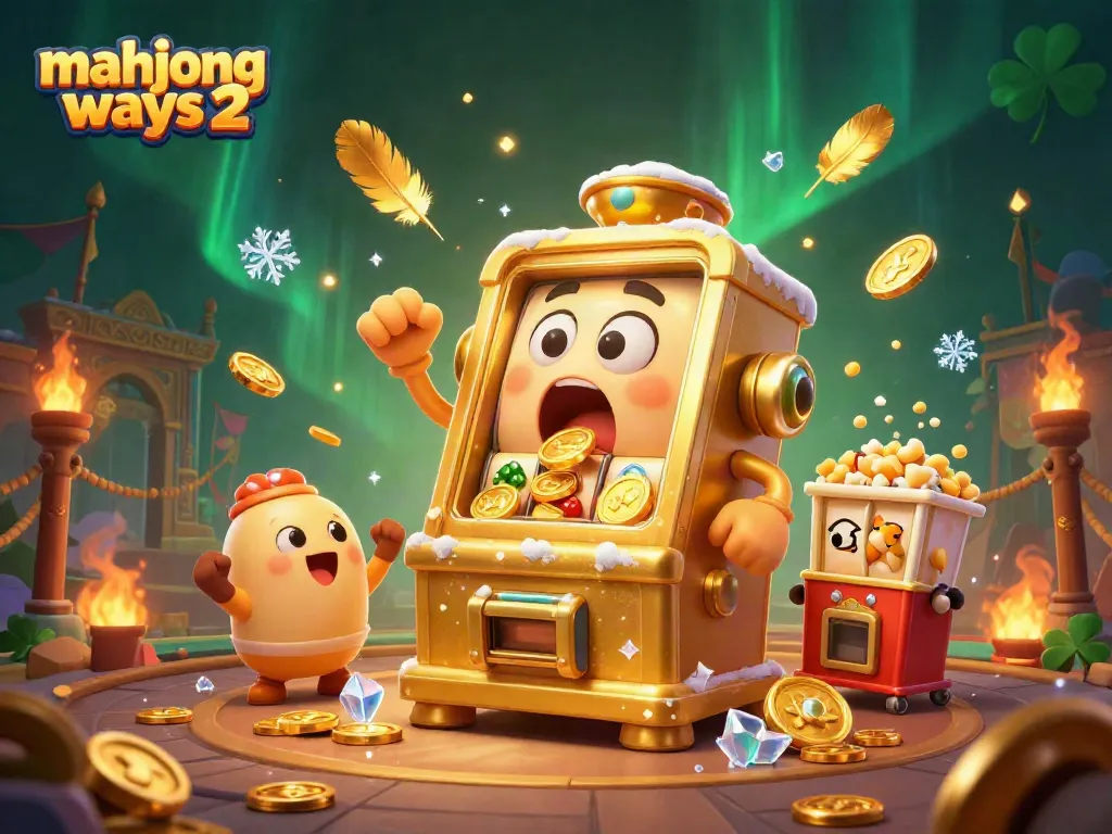 Experience big wins with Mahjong Ways 2 as golden slot machines celebrate a jackpot in a vibrant casino scene.