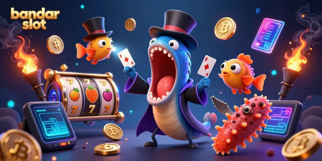 Ilustrasi 3D bandar slot menampilkan ikan gulper bercahaya melakukan trik kartu dalam suasana kasino.