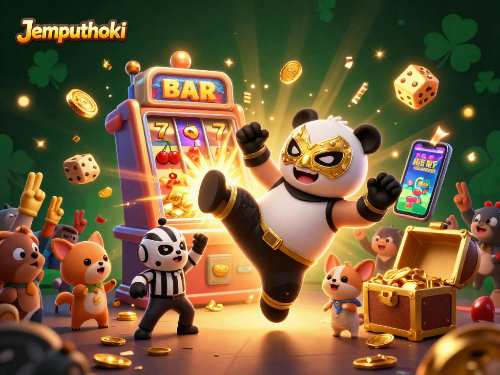 Experience exciting gameplay with Jemputhoki in this vibrant 3D illustration of animal characters enjoying online casino adventures.