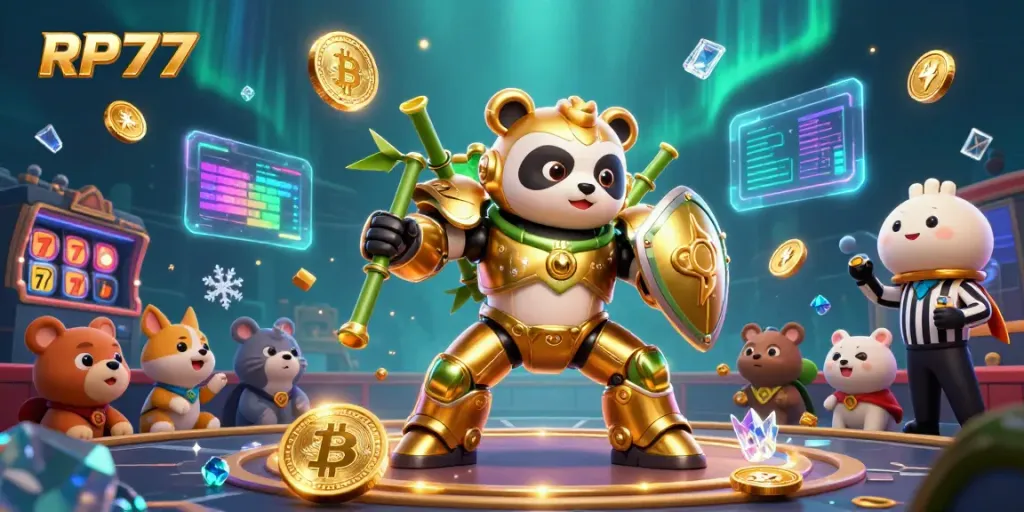 Experience the excitement of RP777 with a cartoon panda in combat gear surrounded by vibrant gambling elements.