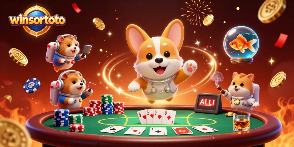 Experience winsortoto with floating characters in a vibrant casino scene filled with poker excitement.