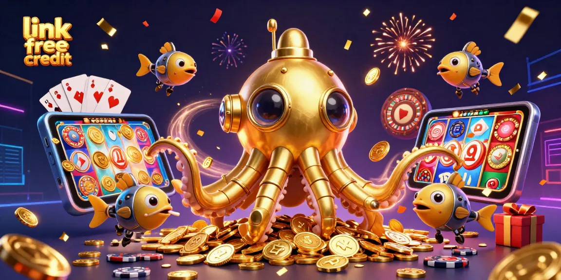 Experience winnings with link free credit amid golden coins and vibrant casino game elements.