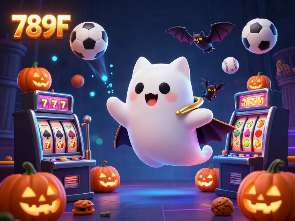 Engage with 789F at this vibrant haunted casino scene filled with floating ghost cats and dynamic slot elements.