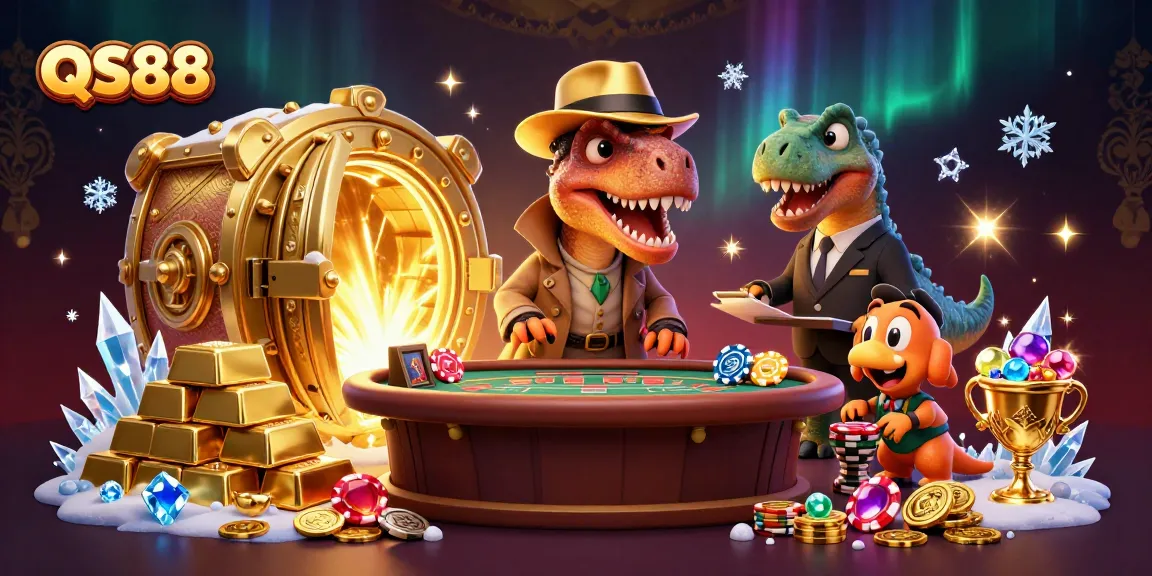 Experience thrilling wins at QS88 with a cartoon velociraptor card counter in action at a vibrant casino scene.