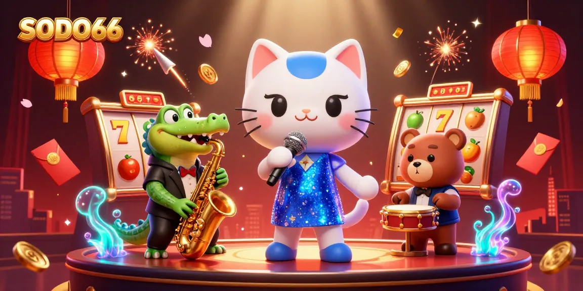SODO66 players enjoy vibrant 3D casino atmosphere with slot machines, animated characters, and festive elements.