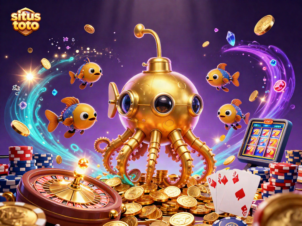 Experience situs toto action with a dynamic kraken submarine amidst golden coins and thrilling game elements.