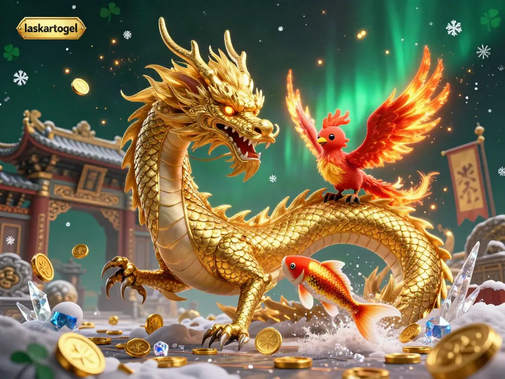 Experience the thrill of laskartogel with a dynamic scene featuring a dragon and phoenix amidst winning coins.