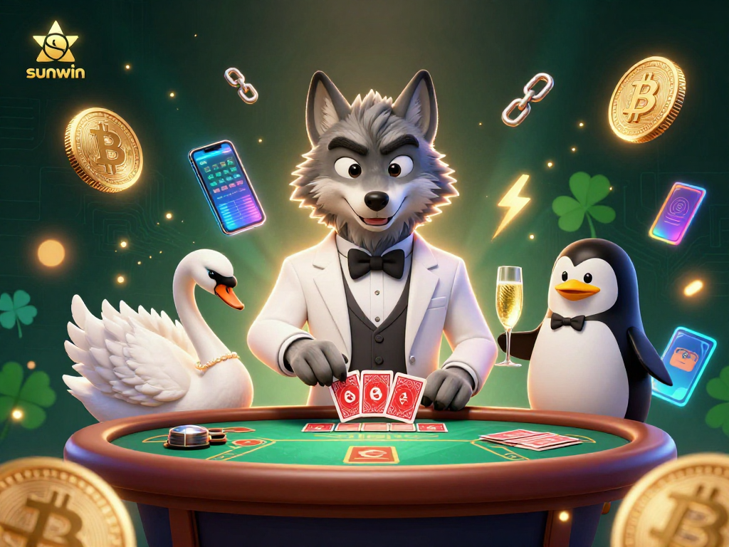 Experience thrill with sunwin as a debonair wolf plays baccarat in a vibrant casino scene.