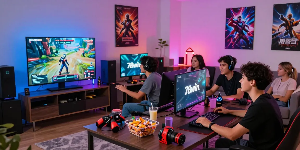 Friends enjoying online gaming experience with 78win logo in a vibrant living room.