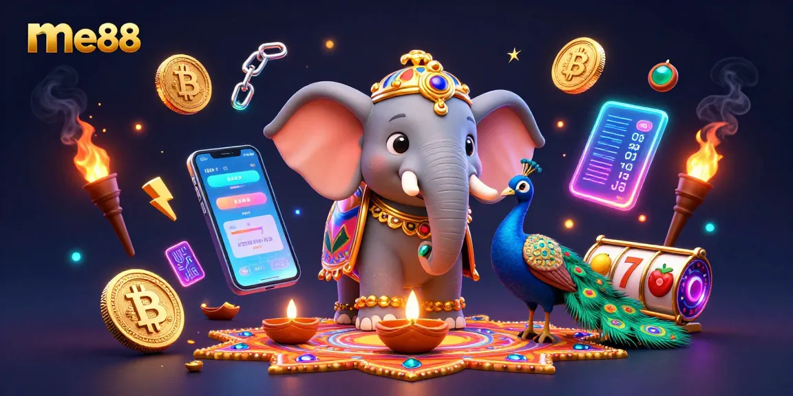 Experience thrilling gameplay with me88's vibrant online casino features in a rich 3D illustration.