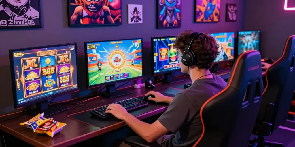 Engaging online gaming setup featuring slot888 with vibrant gaming graphics and focused player.