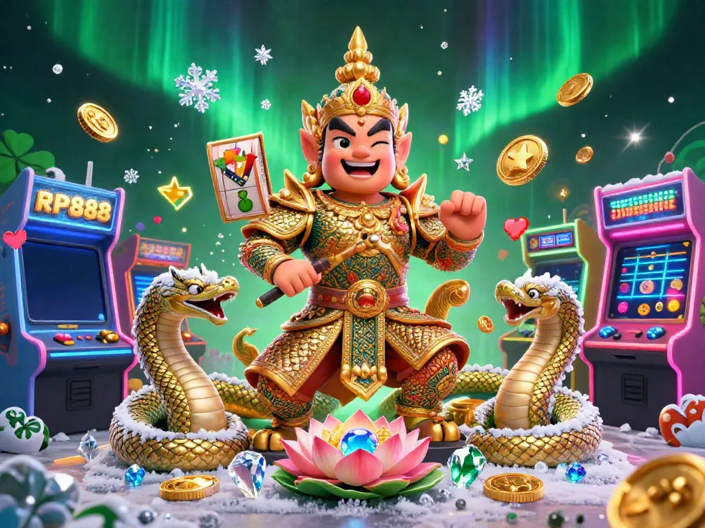 Engage with RP888's vibrant casino experience featuring a powerful yaksha guardian and Naga serpents in a rich, dynamic scene.