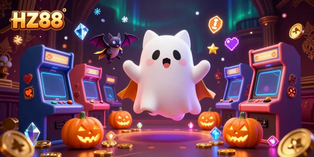 Experience the thrill of HZ88 with a playful ghost cat and vampire bat in a lively casino scene.