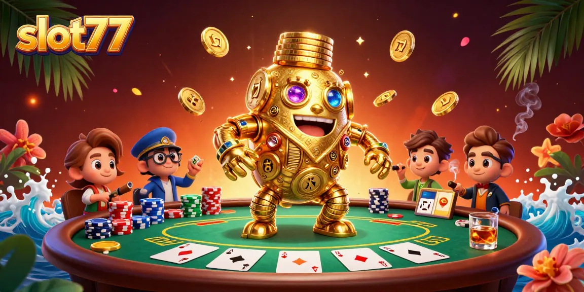 Spin to win with slot77 in a vibrant casino scene featuring a golden golem and poker elements.