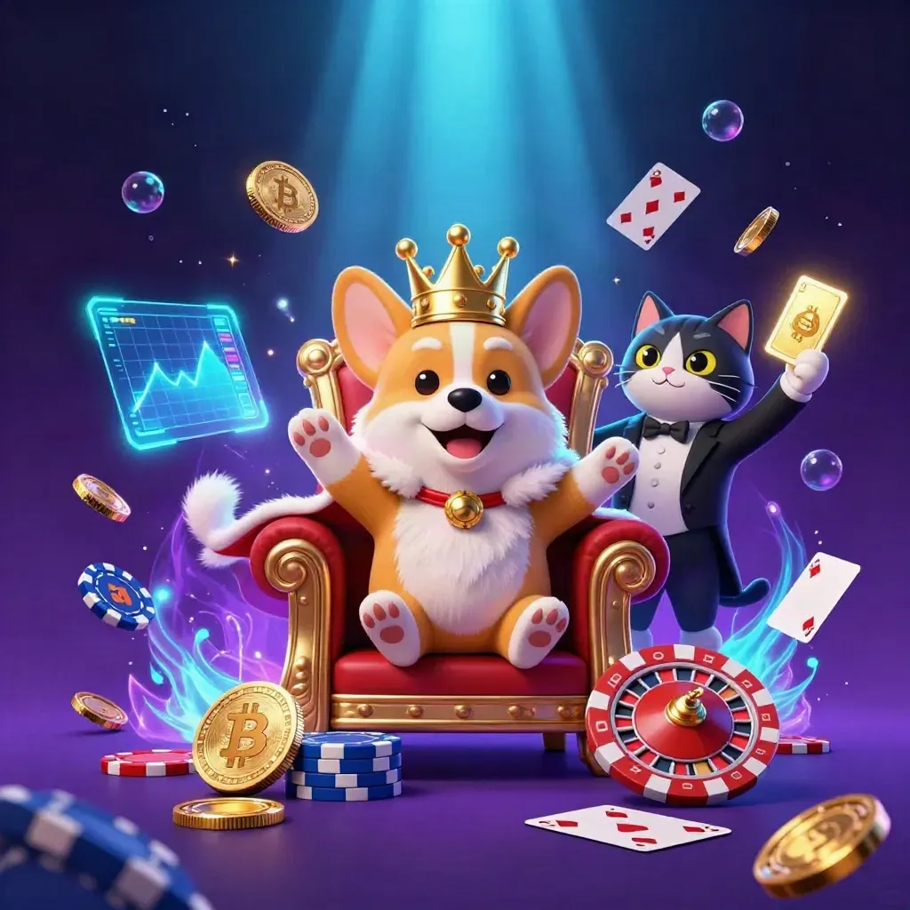 Crowned corgi and cat butler on poker-chip throne amid neon coins and lightning