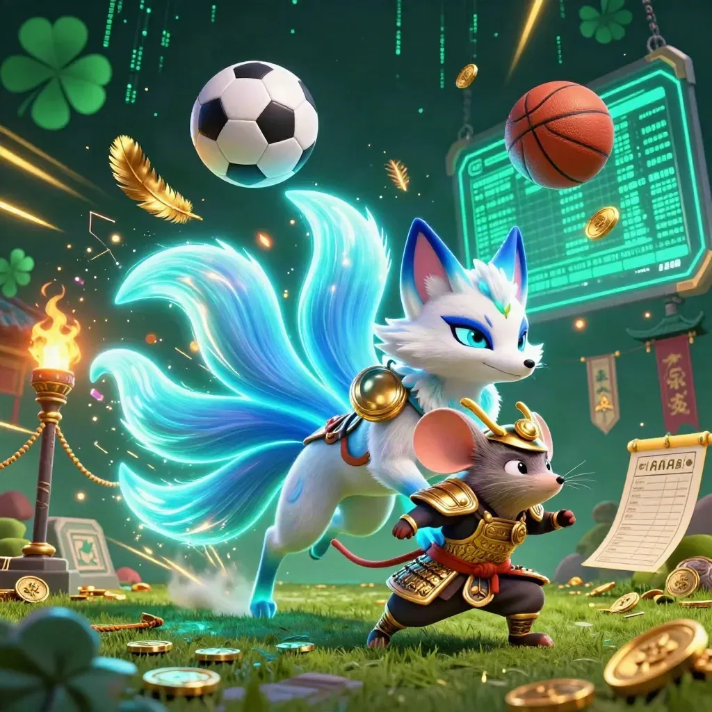 Neon fox spirit and samurai mouse amid flying balls, coins, and electric light in emerald casino fantasy.