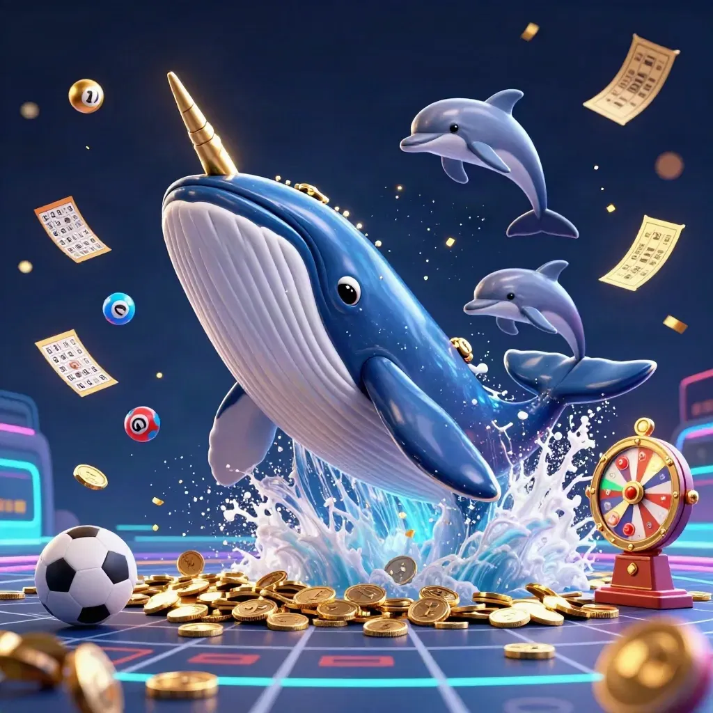 Whale captain, narwhal, and dolphins burst through coins and casino tokens in neon light.