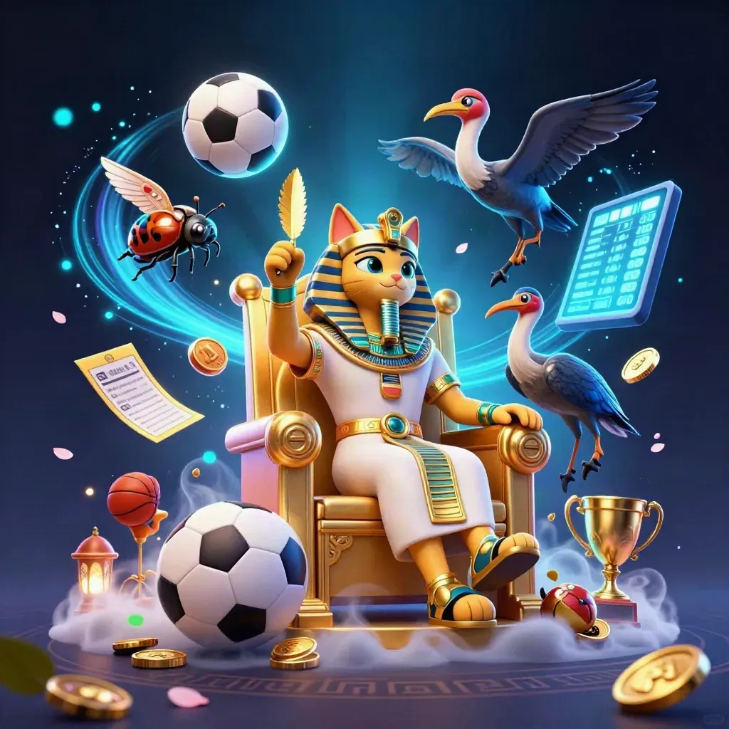 Pharaoh cat, ibis scribe, scarabs, sports balls, trophy, coins, and glowing casino magic
