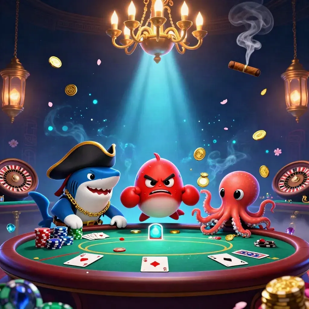 Pirate shark, boxing pufferfish, and coin-juggling octopus in a luxe casino scene.
