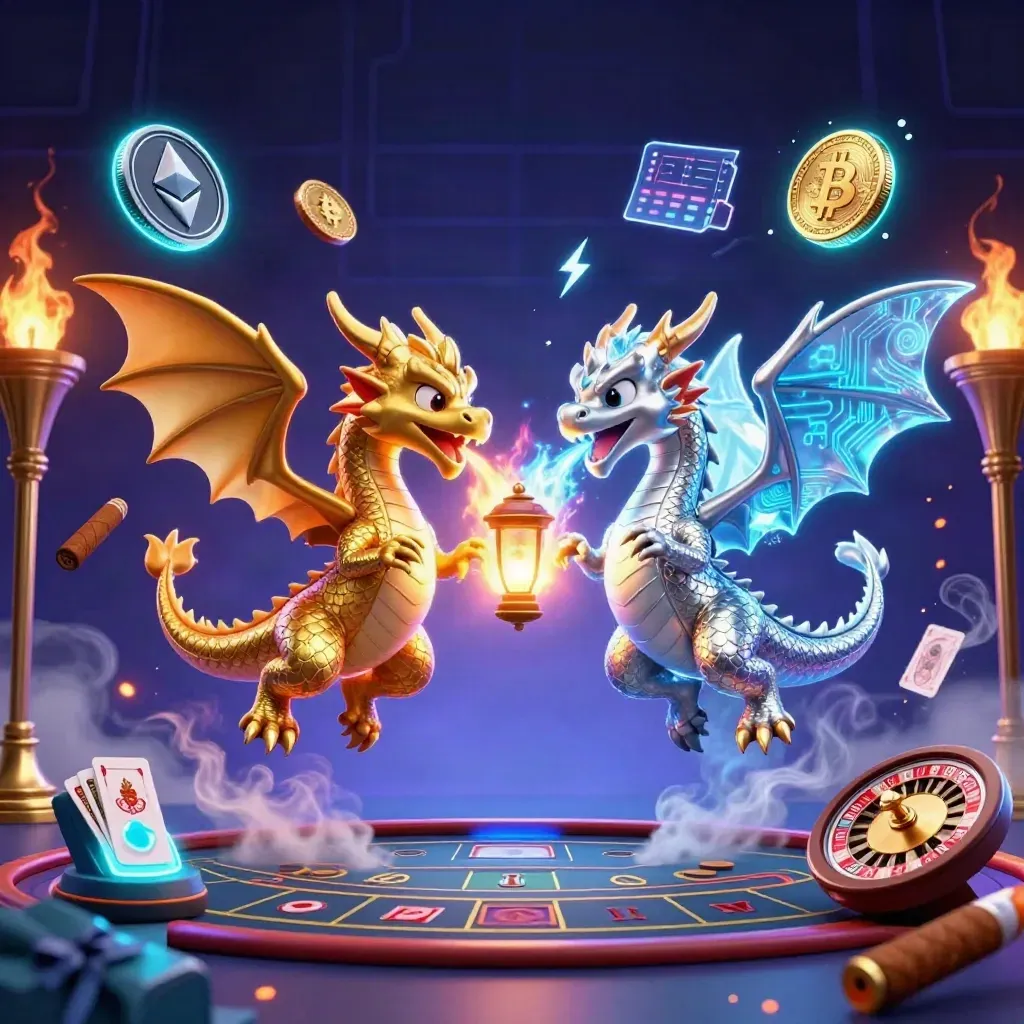 Gold and silver dragons coil around neon crypto symbols in a dark futuristic casino room.