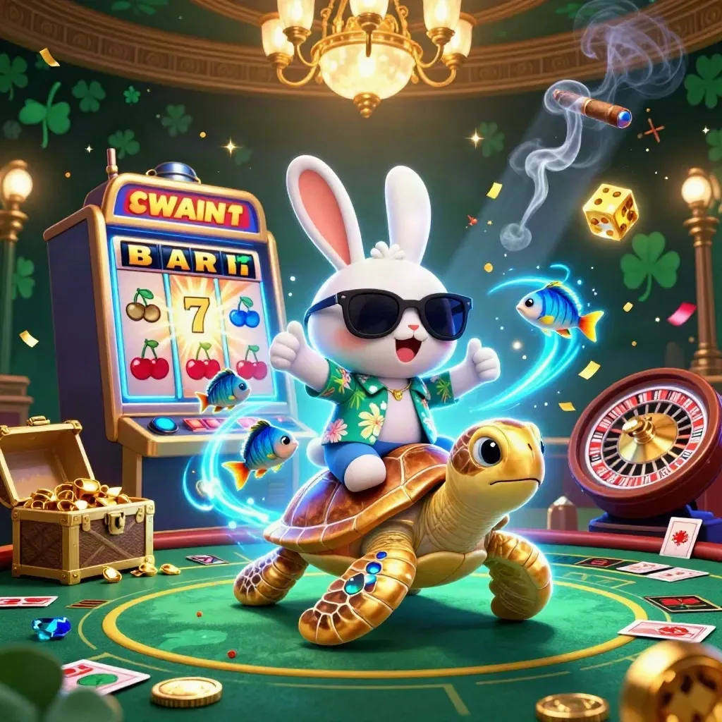 Lucky rabbit on a gem-shell turtle amid casino luxuries, slots, roulette, fireworks.