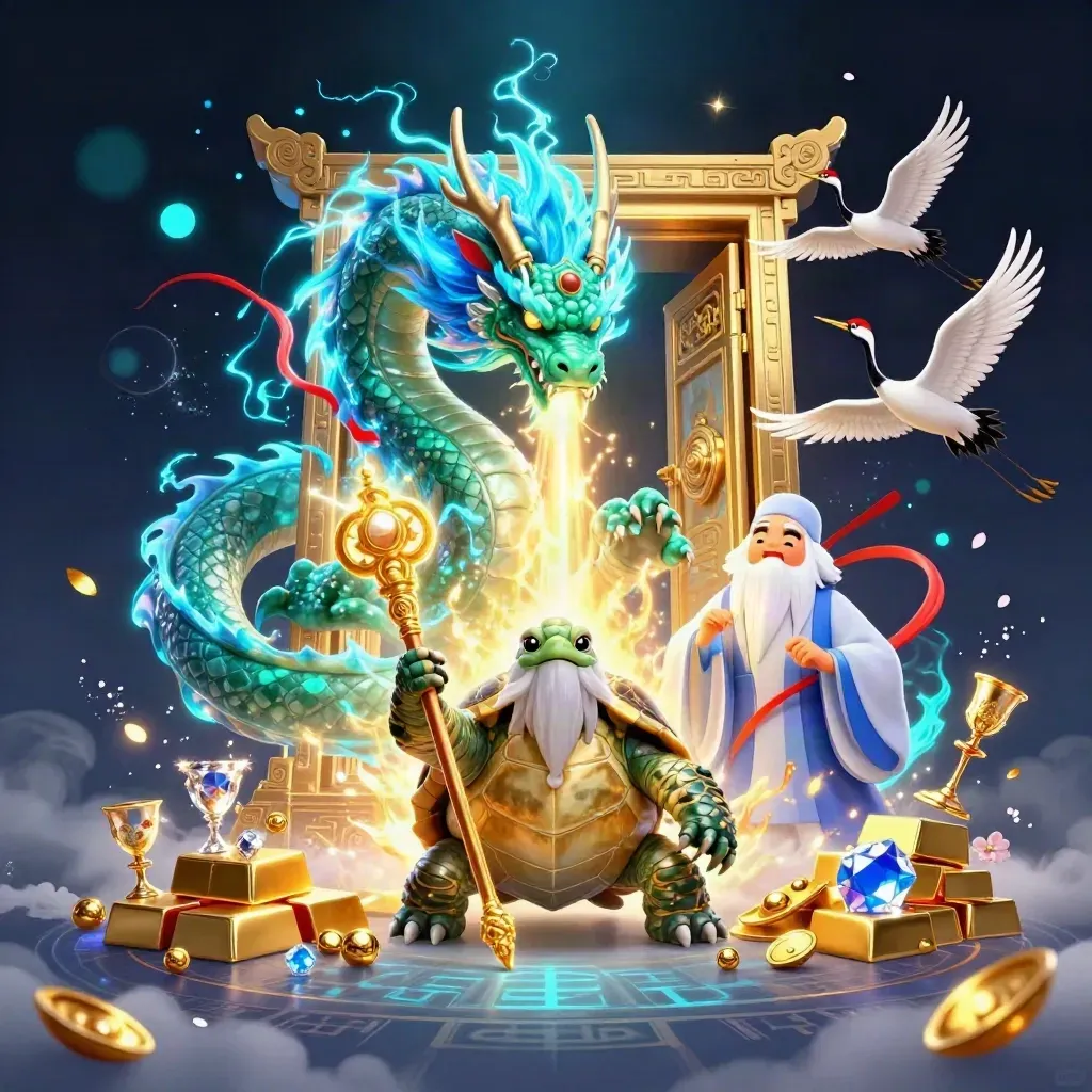 Emerald dragon, turtle sage, and cranes burst through a glowing vault with gold and blue energy.