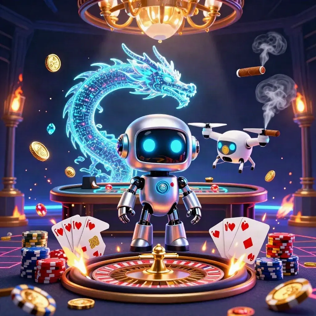 Robot mascot, holographic dragon, and drone in a luxe neon casino scene.