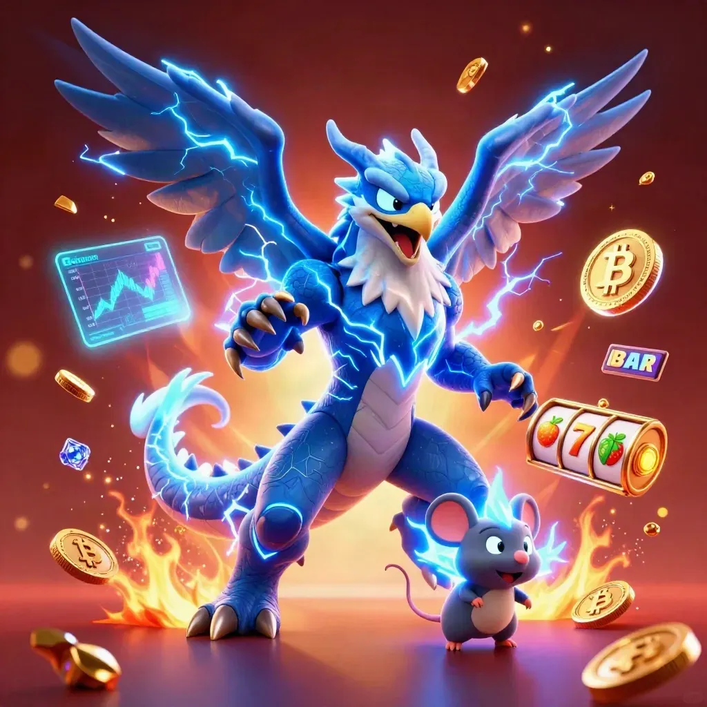 Thunder dragon, hawk, and mouse amid neon coins, lightning, reels, and ember glow.