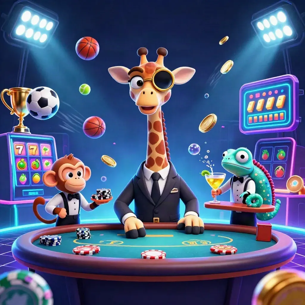 Giraffe, monkey valet, and chameleon bartender amid casino sports chaos and cyan glow.