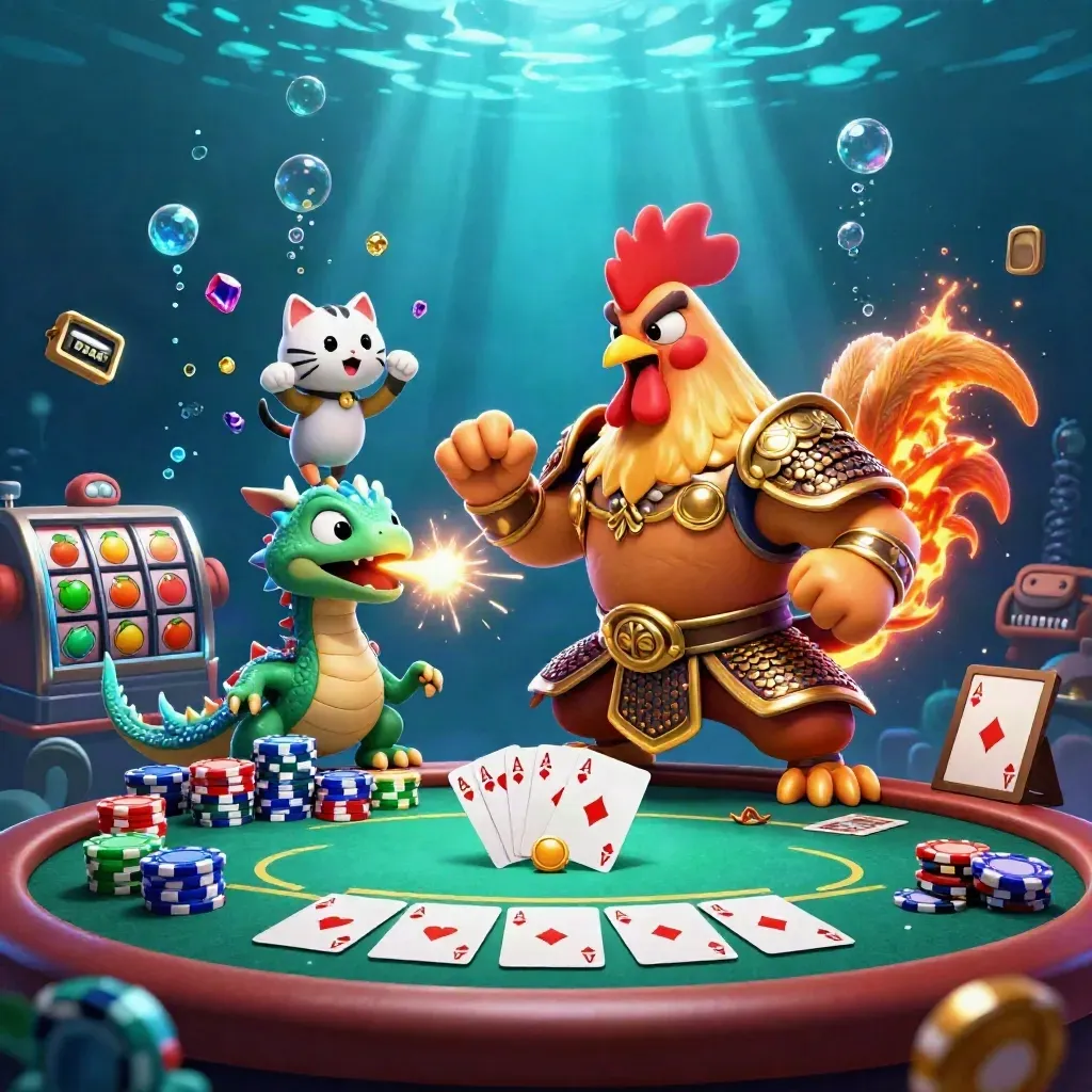 Rooster warrior, dragon hatchling, and fortune-cat amid poker chips, gems, and glowing underwater casino lights.