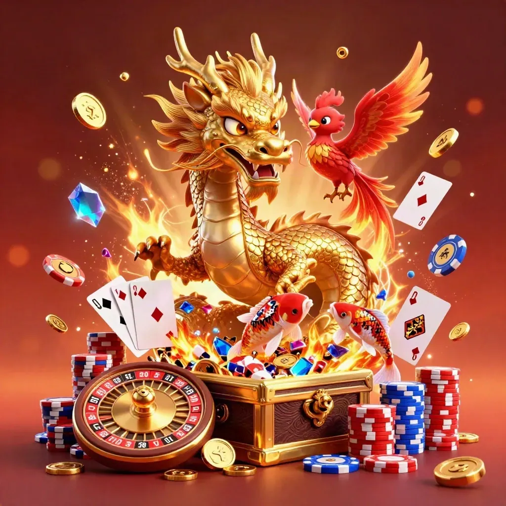 Golden dragon, phoenix, koi, coins, cards, chips and roulette wheel burst in casino energy